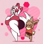  abstract_background anthro big_breasts breasts dewy-eyedboy duo eevee female huge_breasts male nintendo on_one_leg pink_background pok&eacute;mon pok&eacute;mon_(species) shaking shivering simple_background smile standing video_games yoga zangoose 