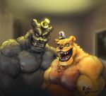  anthro black_body black_fur black_nose chest_tuft clothing duo five_nights_at_freddy&#039;s five_nights_at_freddy&#039;s_4 fur grin hat headgear headwear inkart_flow looking_at_viewer male mammal mostly_nude musclegut nightmare_(fnaf) nightmare_fredbear_(fnaf) nipples open_mouth pecs red_eyes sharp_teeth smile teeth top_hat tuft ursid video_games yellow_body yellow_fur 