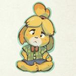  1:1 2020 accessory animal_crossing anthro blonde_hair blush canid canine clothing edtropolis female floppy_ears hair hair_accessory isabelle_(animal_crossing) mammal nintendo simple_background sitting solo video_games 