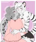  accessory anthro black_spots black_stripes clothing cuddling duo felid female female/female fingers fur grey_body grey_fur grey_hair grey_spots hair hair_accessory hair_ribbon hi_res kitsunewaffles-chan lily_(sakuradlyall) long_tail mammal melody_(sakuradlyall) pajamas pantherine pink_nose ribbons snow_leopard spots stripes tiger white_body white_fur white_hair 