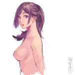  1girl artist_logo breasts brown_hair from_side large_breasts looking_at_viewer looking_to_the_side nipples nude original parted_lips ponytail purple_eyes shu-mai simple_background solo upper_body white_background 