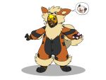  2018 4_fingers after_transformation ambiguous_gender arcanine black_nose blue_eyes canid clothing costume embarrassed eyes_closed fingers fox0808 furry_wearing_fursuit fursuit mammal nintendo pawpads pok&eacute;mon pok&eacute;mon_(species) simple_background smile standing video_games white_background 