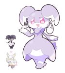  :d artsy-rc audino full_body fusion gen_5_pokemon gen_8_pokemon highres indeedee indeedee_(female) looking_at_viewer mega_audino no_humans open_mouth plus_sign pokemon pokemon_(creature) signature simple_background smile solo white_background 