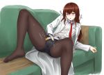  1girl absurdres artist_request blush clothed_masturbation highres labcoat long_hair makise_kurisu masturbation pantyhose purple_eyes red_hair solo source_request spread_legs steins;gate sweat trembling white_background 