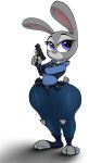  absurd_res anthro big_butt breasts butt clothing disney female gun handgun hi_res judy_hopps lagomorph leporid mammal parumpi rabbit ranged_weapon short_stack simple_background small_breasts solo thick_thighs tight_clothing weapon white_background wide_hips zootopia 