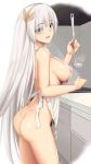  1girl :d anastasia_(fate/grand_order) apron arciealbano areola_slip areolae ass blue_eyes breasts covered_nipples fate/grand_order fate_(series) headband highres kitchen ladle large_breasts long_hair naked_apron no_bra open_mouth sideboob smile solo very_long_hair white_hair 