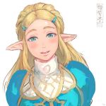  1girl :d artist_logo blonde_hair blue_dress blue_eyes copyright_request dress elf head_tilt long_hair looking_at_viewer open_mouth pointy_ears princess_zelda shu-mai simple_background smile solo the_legend_of_zelda upper_body white_background 