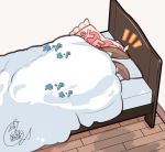  1girl amiya_(arknights) animal_ear_fluff animal_ears arknights bed beni_shake bunny_ears commentary_request frilled_pillow frills heart indoors notice_lines pillow shadow signature solo under_covers wooden_floor yes yes-no_pillow 