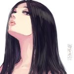  1girl artist_logo black_hair long_hair looking_at_viewer nude original parted_lips pink_lips portrait purple_eyes shu-mai simple_background solo upper_body white_background 