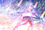  1girl bird blue_eyes blue_hair breasts emori_miku emori_miku_project ibara_riato interlocked_fingers japanese_clothes kimono large_breasts leaf long_hair looking_at_viewer obi open_mouth own_hands_together paper plant red_ribbon ribbon sash solo tanabata very_long_hair white_kimono wide_sleeves 