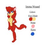  3_toes 5_fingers anthro blue_eyes curvaceous curvy_figure english_text fan_character female fingers fur hair hi_res imma_weasel kendratheshinyeevee mammal model_sheet multicolored_body multicolored_fur mustela mustelid musteline pink_nose red_body red_fur red_hair simple_background solo text toes two_tone_body two_tone_fur voluptuous yellow_body yellow_fur 