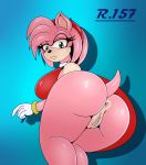  absurd_res amy_rose anthro anus big_breasts big_butt breasts butt clothing dress eulipotyphlan female genitals green_eyes hedgehog hi_res looking_back mammal no_underwear pussy renegade-157 solo sonic_the_hedgehog_(series) 