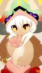  2018 4_fingers ambiguous_gender anthro brown_body brown_ears brown_fur brown_hands claws clothed clothing cute_fangs dated featureless_chest fingers fur hair headgear headwear hi_res lagomorph leporid looking_at_viewer made_in_abyss mammal nanachi pawpads pink_pawpads rabbit signature simple_background solo tinymunch topless white_hair yellow_background yellow_eyes 