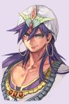  1boy closed_mouth collarbone earrings grey_background hair_between_eyes hankuri head_scarf headpiece hoop_earrings jewelry long_hair looking_at_viewer magi_the_labyrinth_of_magic male_focus purple_hair robe sanpaku simple_background sinbad_(magi) smile solo yellow_eyes 