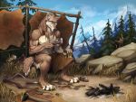  4:3 5_fingers anthro antlers brown_body brown_fur canid canine canis claws clothed clothing digital_media_(artwork) fingers fur hair horn kahito-slydeft male mammal mountain muscular muscular_male outside pawpads paws sitting sky solo tree white_body white_fur wolf 