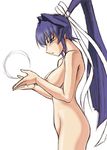  blue_eyes breasts cleavage collarbone floating floating_object from_side groin hair_ribbon large_breasts long_hair misnon_the_great mitsurugi_meiya muvluv nude ponytail profile ribbon sideboob simple_background solo sphere standing very_long_hair white_background 