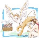  1boy 4girls blush box breasts child egyptian_mythology furry greek_mythology monster_girl multi_breast multiple_girls mythology nipples sphinx wings 