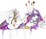  amano_yoshitaka_(style) areolae arrow artist_request bed bed_sheet breasts detached_sleeves final_fantasy final_fantasy_ii jewelry large_breasts long_hair lying maria_(ff2) navel necklace nipples official_style parody pubic_hair purple_hair solo style_parody thighhighs undressing 