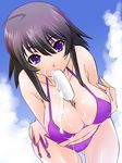  ahoge ayamine_kei between_breasts bikini black_hair breast_hold breasts cleavage covered_nipples crossed_arms day food large_breasts leaning_forward long_hair melting mouth_hold muvluv popsicle purple_eyes sexually_suggestive shinama side-tie_bikini solo swimsuit 