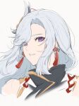  1girl commentary_request earrings feather_hair_ornament feathers genshin_impact hair_ornament hair_over_one_eye jewelry long_hair looking_at_viewer marumoru purple_eyes shenhe_(genshin_impact) simple_background solo upper_body white_background white_hair 
