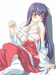  akabane_kureha areolae blush breast_squeeze breasts cleavage hakama huge_breasts japanese_clothes jon_shicchiou long_hair miko mouth_hold night_wizard purple_eyes purple_hair red_hakama sarashi smile solo 