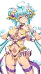  1girl ahoge blue_hair breasts cagliostro_(symphogear) cameltoe cleavage heart heart-shaped_boob_challenge heart_hands highres large_breasts long_hair looking_at_viewer navel navel_cutout one-piece_swimsuit one_eye_closed purple_eyes senki_zesshou_symphogear shiny shiny_hair shiny_skin shunzou simple_background smile solo standing swimsuit teeth thighlet very_long_hair white_background 