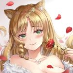  1girl animal_ear_fluff animal_ears arknights bare_shoulders breasts brown_hair chinese_commentary cleavage collarbone commentary_request drill_hair drill_locks fang fang_out flower fur_trim gradient gradient_background green_eyes grey_background hand_up head_tilt holding holding_flower jewelry long_hair looking_at_viewer necklace petals portrait red_flower red_rose rose rose_petals smile solo sunshine7 swire_(arknights) tiger_ears white_background 