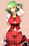  1girl absurdres adjusting_hair bangs breasts collared_shirt cowboy_shot curvy earrings eyebrows_visible_through_hair flower frilled_skirt frilled_vest frills green_hair highres jewelry kazami_yuuka large_breasts looking_at_viewer midriff_peek navel plaid plaid_skirt plaid_vest pointy_ears puffy_short_sleeves puffy_sleeves raptor7 red_eyes shiny shiny_hair shirt short_hair short_sleeves simple_background skirt smile solo sunflower touhou umbrella underboob underboob_cutout vest white_shirt yellow_neckwear 