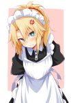  1girl alternate_costume anger_vein apron bangs beige_background blush chata_maru_(irori_sabou) commentary_request dress enmaided eyebrows_visible_through_hair fate/grand_order fate_(series) green_eyes hair_ornament hair_scrunchie highres long_hair long_sleeves looking_at_viewer maid maid_headdress mordred_(fate) mordred_(fate)_(all) parted_bangs red_scrunchie scrunchie simple_background solo teeth white_background 
