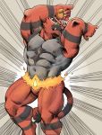  2018 5_fingers abs adios anthro claws fingers fire fur gesture green_eyes hi_res incineroar jojo&#039;s_bizarre_adventure male muscular muscular_male nintendo nipples pecs pink_nipples pok&eacute;mon pok&eacute;mon_(species) red_body red_fur shaka simple_background solo speed_lines video_games white_claws 