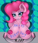  absurd_res anthro big_breasts blue_eyes body_writing breasts equid equine eyeshadow female friendship_is_magic hi_res horse looking_at_viewer makeup mammal my_little_pony nipples pink_body pinkie_pie_(mlp) pony renegade-157 solo 