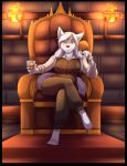  alcohol anthro beverage black_nose breasts canid canine canis chicken_legs clothed clothing female fur hair hi_res looking_at_viewer mammal smile smirk solo sve_ulfrota white_body white_fur white_hair wolf ziggie13 