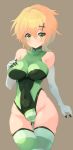  1girl absurdres akatsuki_kirika akisuko ass_visible_through_thighs bare_shoulders blonde_hair breasts cameltoe covered_navel elbow_gloves gloves green_eyes green_leotard hair_ornament highres large_breasts legs_together leotard looking_at_viewer senki_zesshou_symphogear shiny shiny_hair shiny_skin short_hair skin_tight standing striped striped_legwear thigh_gap thighhighs x_hair_ornament 