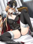  1girl artist_name azur_lane bed_sheet bismarck_(azur_lane) black_legwear black_panties blonde_hair blue_eyes breasts cape cleavage closed_mouth curtains dutch_angle fur_trim gloves hair_between_eyes hellandheaven high_heels highleg highleg_panties highres large_breasts long_hair military military_uniform on_bed panties patreon_username smile solo spread_legs thighhighs underwear uniform white_gloves window 