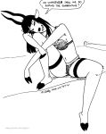  anthro bed bovid bovine breasts clothing dialogue english_text female furniture hair hooves horn lingerie looking_at_viewer mammal miss_thompson_(tegerio) monochrome navel pinup pose solo talking_to_viewer tegerio text 
