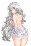  1girl arknights ass bangs blush braid breasts commentary cowboy_shot eyebrows_visible_through_hair from_behind grey_eyes hair_between_eyes highres large_breasts long_hair looking_at_viewer looking_back no_animal_ears open_mouth panties pramanix_(arknights) shirt silver_hair simple_background solo standing sunshine7 thighs topless twin_braids underwear very_long_hair white_background white_panties white_shirt 