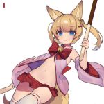  1girl acidear animal_ears armpits bare_shoulders bell blonde_hair blue_eyes bow bowtie center_opening detached_sleeves dual_wielding fangs food fox_ears fox_girl fox_tail groin hair_ornament hairclip highres holding jingle_bell kemomimi_oukoku_kokuei_housou long_hair looking_at_viewer midriff mikoko_(kemomimi_oukoku_kokuei_housou) miniskirt navel pink_shirt pocky red_neckwear red_skirt revealing_clothes shirt simple_background skirt solo stomach tail thighhighs twintails virtual_youtuber white_background white_legwear wide_sleeves zettai_ryouiki 