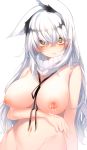  1girl animal_ear_fluff animal_ears bangs blush bow breasts crossed_bangs detached_collar hair_between_eyes high_collar highres lactation large_breasts long_hair looking_at_viewer navel nipples nude original otokuyou out-of-frame_censoring solo v white_background white_hair yellow_eyes 
