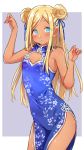  1girl bare_arms bare_shoulders blonde_hair blue_dress blue_eyes breasts china_dress chinese_clothes cleavage_cutout covered_navel cowboy_shot dark_skin double_bun dress floral_print hair_ribbon hands_up highres idolmaster idolmaster_cinderella_girls layla_(idolmaster) long_hair looking_at_viewer mio_(mgr300) pelvic_curtain print_dress ribbon sidelocks sleeveless sleeveless_dress small_breasts solo thighs 