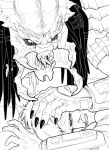  5_fingers alien armor black_and_white clothed clothing digital_media_(artwork) duo fingers forked_tongue hair human kahito-slydeft male mammal monochrome open_mouth predator_(franchise) scales simple_background teeth tongue tongue_out vein white_background yautja 