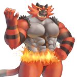  1:1 abs adios anthro black_body black_fur claws fire fur green_eyes hand_on_hip hi_res incineroar male muscular muscular_male nintendo pecs pok&eacute;mon pok&eacute;mon_(species) portrait red_body red_fur sharp_teeth simple_background solo teeth three-quarter_portrait video_games white_background 