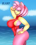  4:5 absurd_res amy_rose anthro bedroom_eyes big_breasts breasts clothing eulipotyphlan female hand_on_hip hedgehog hi_res looking_at_viewer mammal narrowed_eyes one-piece_swimsuit renegade-157 seductive solo sonic_the_hedgehog_(series) swimwear water 