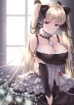  1girl azur_lane bangs bare_shoulders between_breasts black_dress blush breasts cleavage dress earrings eyebrows_visible_through_hair formidable_(azur_lane) frilled_dress frills fujimori_shiki grey_hair hair_ribbon highres indoors jewelry large_breasts long_hair long_sleeves looking_at_viewer red_eyes ribbon smile solo twintails two-tone_dress two-tone_ribbon underboob very_long_hair window 