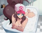  1girl antenna_hair areolae ass baseball_cap bath bathing bathroom bathtub big_hair blue_eyes breasts brown_hair bubble bubble_bath commentary_request convenient_censoring crossed_arms hat high_ponytail highres impossible_hair indoors long_hair looking_at_viewer medium_breasts nac000 nude parted_lips partially_submerged pokemon pokemon_(game) pokemon_bw sidelocks soap_bubbles soap_censor soles solo toes touko_(pokemon) unaligned_breasts 