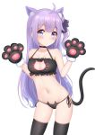  1girl absurdres ahoge animal_ear_fluff animal_ears animal_print azur_lane bangs black_gloves black_legwear blue_eyes blush bra breasts cat_ears cat_lingerie cat_panties cat_print cat_tail choker cinderella_bust cleavage cleavage_cutout collarbone contrapposto cowboy_shot eyebrows_visible_through_hair frilled_bra frills gloves groin heart_cutout highres long_hair looking_at_viewer medium_breasts meme_attire navel panties paw_gloves paws print_panties purple_hair shiny shiny_hair side-tie_panties side_ponytail simple_background solo standing tail thighhighs underwear unicorn_(azur_lane) very_long_hair white_background zeukiar 