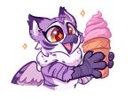  4:3 ambiguous_gender anthro avian dessert food fur gryphon hi_res ice_cream mythological_avian mythology oofycolorful purple_body purple_fur simple_background solo starry_eyes taro_(nazfx) white_background wide_eyed 