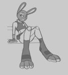  2020 3_toes absurd_res anthro badge clothed clothing disney female grey_background greyscale hi_res judy_hopps lagomorph leporid looking_aside mammal monochrome police_uniform rabbit simple_background sitting sketch smile solo titantigress toes uniform zootopia 