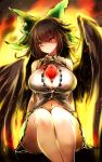  1girl bangs bird_wings black_wings bow breasts brown_hair cleavage collared_shirt dress_shirt eyebrows_visible_through_hair feet_out_of_frame fiery_background fire frilled_skirt frills green_bow green_skirt hair_bow highres large_breasts legs_together long_hair looking_at_viewer midriff_peek navel raptor7 red_eyes reiuji_utsuho shirt sidelocks sitting skirt sleeveless sleeveless_shirt smile solo thighs third_eye touhou white_shirt wings 