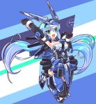  black_gloves blue_hair clenched_hands dated fang fang_out frame_arms_girl gloves green_eyes heirow highres looking_at_viewer mecha_musume mechanical_wings open_mouth robot_ears striped striped_background stylet thighhighs thrusters wings 