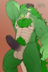  2019 abs absurd_res anthro balls biceps bovid chest_fur claws dragon erection facial_hair facial_piercing fangs fur genitals green_body green_eyes green_fur green_hair green_scales hair hi_res horn hybrid male mammal muscular muscular_male nipples nose_piercing nose_ring nude one_eye_closed pecs penis piercing pinup portrait pose pubes quads radonryu raphael_(snowwolf03) scales solo standing three-quarter_portrait triceps 